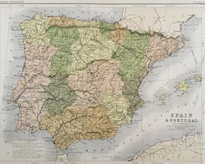 Karta över Spanien och Portugal, ca 1869